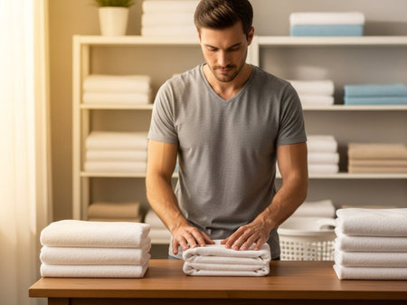 A focused young man performs daily chores, meticulously folding a stack of freshly laundered white towels, ensuring a neat and organized household routine.の素材