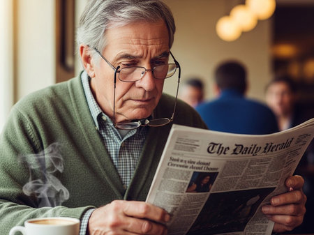 Senior man intensely reads newspaper, glasses on his neck. Steaming coffee beside him in a cozy cafe. Represents focus, daily news routine, and information.の素材