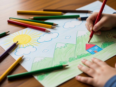 Close-up of a child's hand holding a red pencil, adding color to a drawing of a house, mountains, sun, and clouds. Fosters creativity and learning.の素材