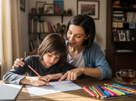 A supportive mother guides her young child while drawing and learning at a wooden table in their cozy home. Vibrant colored pencils are spread. Family bonding, education, and creativity.の素材