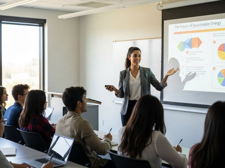 A confident young businesswoman leads a classroom presentation on sustainable energy concepts, engaging diverse students actively learning and taking notes in a modern educational environment.の素材