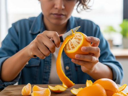 Close-up of a person's hands using a small knife to peel a ripe, vibrant orange, preparing fresh fruit segments on a wooden board. Healthy snack at home.の素材