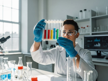 A scientist in protective gear carefully examines a rack of test tubes with colorful liquid samples in a bright laboratory, representing research and development.の素材