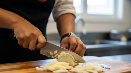 Close-up of a chef's hands skillfully dicing a fresh white onion on a wooden cutting board in a bright commercial kitchen setting. Essential culinary preparation for healthy meals.の素材
