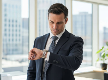 A focused male executive in a dark blue suit intently checks his elegant silver wrist watch, symbolizing punctuality and effective time management in a bright, contemporary office.の素材