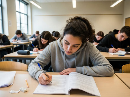A focused female student in a grey hoodie writes in her notebook during a classroom exam. Other students are also concentrating. This image depicts academic effort and learning.の素材