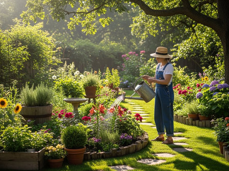 A person in a straw hat and overalls waters a lush, colorful backyard garden filled with various flowers and plants during golden hour. Serene hobby.の素材