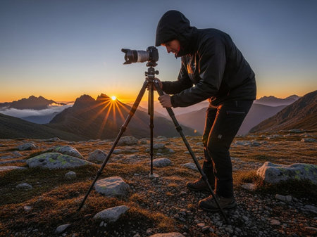 A dedicated photographer with a tripod-mounted camera captures a stunning sunrise over a vast mountain landscape. This scene embodies adventure and passion for outdoor photography.の素材