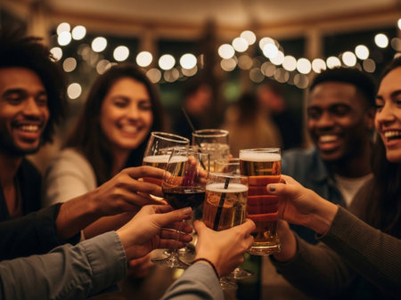 Close-up of a diverse group of young adult friends smiling and laughing, raising glasses in a celebratory toast at a lively bar or party with blurred string lights. Captures joy, friendship, and good times.の素材