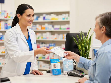 A smiling pharmacist in a lab coat is assisting an older female customer at a pharmacy counter, providing a package of medication. Focus on customer service and healthcare.の素材