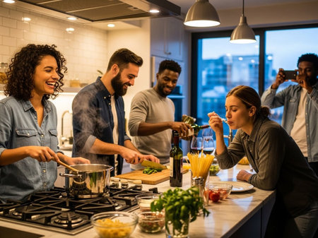 Diverse group of cheerful friends gathering in a modern kitchen, preparing a delicious homemade meal. They share laughter, wine, and good times together, celebrating friendship and culinary joy.の素材
