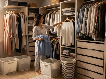 A focused young woman meticulously organizes her large, modern walk-in closet, arranging clothes and tidying her personal space with care, promoting an organized life.の素材