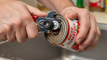 Close-up of hands using a red-handled manual can opener to open a metal can of diced tomatoes over a kitchen sink. The red tomato liquid spills.の素材