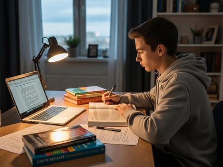A focused young male student studies diligently at his desk at home, surrounded by textbooks and utilizing a laptop for research and note-taking sessions.の素材