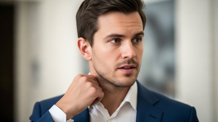 A thoughtful young businessman in a blue suit adjusts his collar. He looks to the side with a serious expression, conveying contemplation in a professional setting, ready for work.の素材
