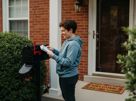 A smiling young adult in blue hoodie, stands by a black mailbox, sorting through letters. Depicts daily routine, home life and essential communication.の素材