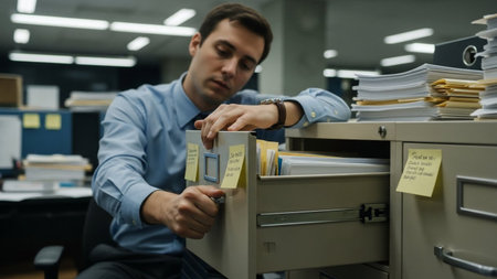 A focused businessman in a blue shirt searches an office filing cabinet drawer. This image depicts daily work, organization, bureaucracy, and document management in a corporate setting.の素材