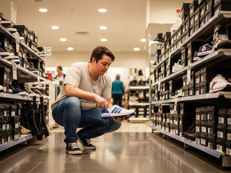 A focused man crouches in a footwear store aisle, carefully inspecting a pair of athletic sneakers. Surrounded by shoe boxes, he considers his purchase. Lifestyle and retail scene.の素材