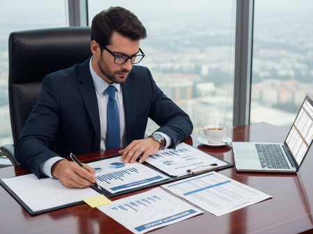 A focused businessman meticulously examines financial reports, charts, and data on his laptop at a modern office desk with a cityscape background, illustrating diligent work.の素材