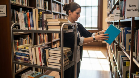 A dedicated librarian meticulously restocks new arrival books onto shelves in a well-lit library, maintaining order and accessibility for patrons and researchers.の素材