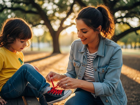 A loving mother patiently teaches her young child to tie red shoelaces on a casual sneaker in a sunlit park. This moment captures bonding and a valuable life skill.の素材