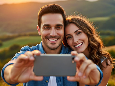 A joyful young couple captures a precious moment together with a smartphone selfie against a stunning sunset landscape. Embracing happiness, love, and connection outdoors.の素材