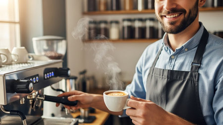 Smiling male barista, wearing an apron, skillfully prepares a steaming cup of fresh coffee with latte art using a professional espresso machine in a modern cafe setting.の素材