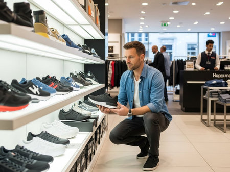 A focused man is meticulously examining a pair of black athletic shoes while crouching in a well-lit, modern retail store. Rows of diverse footwear are displayed, highlighting the customer's decision-making process.の素材