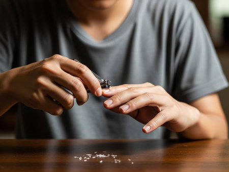 A close-up shot of a person's hands using metal nail clippers to trim their fingernails, with clipped pieces visible on a wooden table. Emphasizes self-care and hygiene.の素材