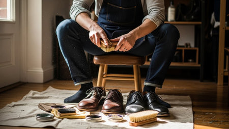 A man meticulously cares for his elegant leather dress shoes, using a brush to apply polish for a perfect shine. This traditional craft showcases dedication to footwear maintenance and classic style.の素材