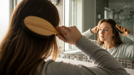 A young woman seen from behind, brushing her long, brown hair in front of a bathroom mirror, focusing on her morning self-care routine. Healthy lifestyle concept.の素材