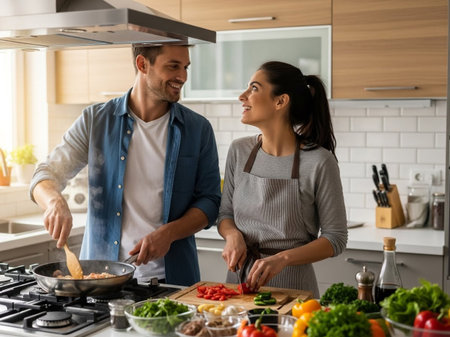 A joyful young couple shares a heartwarming moment, preparing a delicious and healthy meal together in their bright, modern kitchen. Depicts teamwork and a healthy lifestyle.の素材