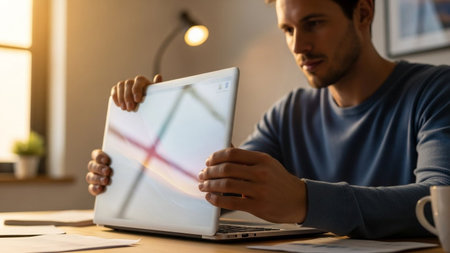 Young man concentrating on his laptop screen in a comfortable home office setting, illuminated by warm, natural light. He is engaged in work or study tasks.の素材