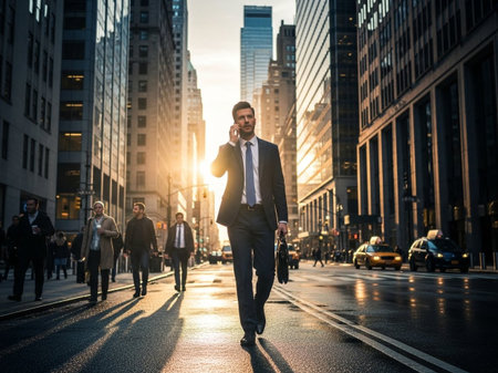Confident businessman in a suit walks on a bustling city street during sunset, engaged in a phone conversation, holding a briefcase. Dynamic urban scene.の素材
