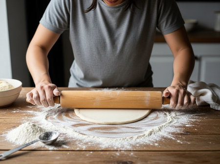 Close-up of a person's hands using a wooden rolling pin to flatten fresh dough on a flour-dusted wooden kitchen table, preparing delicious homemade food from scratch.の素材