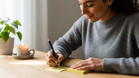 Content young woman smiling while writing important notes on yellow sticky paper with a pen at her wooden desk in a bright, relaxed home office setting, focused on task.の素材