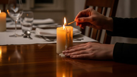 Close up of a hand igniting a warm, glowing candle on a nicely set wooden dining table. Creates an intimate atmosphere for special occasions and relaxation.の素材