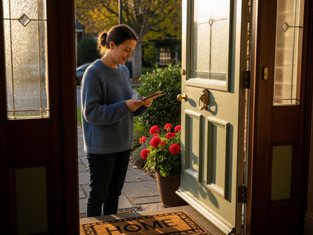 A happy young woman in a blue sweater smiles as she reads mail outside the open front door of her house, capturing a moment of everyday home life and communication.の素材