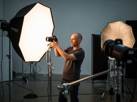 A male photographer adjusts his camera on a tripod in a professional studio setting, surrounded by a large octagonal softbox and other lighting equipment.の素材
