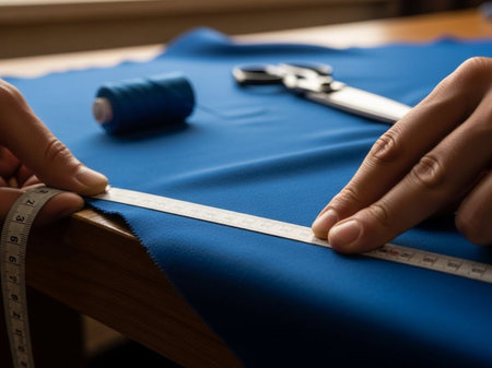 Close-up of a tailor's hands meticulously measuring vibrant blue fabric with a tape measure, preparing for a custom sewing project, showcasing precision and craftsmanship in textile work.の素材