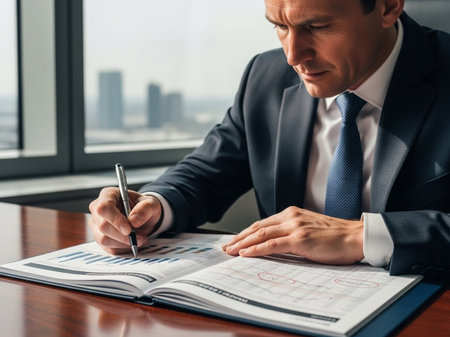 A focused businessman meticulously reviews financial reports, charts, and data in a modern office. He analyzes information and makes notes, showing work dedication.の素材