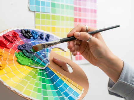 Close-up of a designer or artist's hand using a paintbrush to blend colorful paints on a wooden palette with a color chart background, symbolizing creativity, art, and design work.の素材