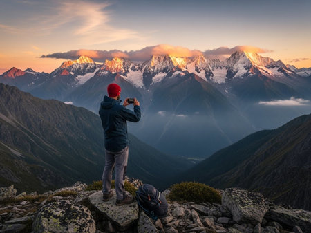 A lone hiker captures the awe-inspiring beauty of a vast snow-capped mountain range bathed in the warm, golden light of a stunning sunset. Majestic peaks and deep valleys.の素材