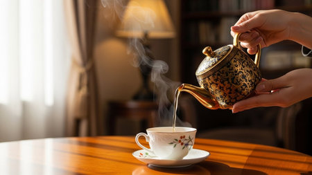 Close-up of hands pouring steaming hot tea from a luxurious black and gold teapot into a white floral teacup on a wooden table, creating a cozy and relaxing atmosphere indoors.の素材