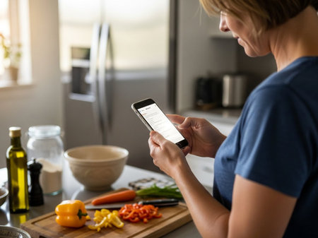 A woman in a bright modern kitchen uses her smartphone to follow a recipe. Fresh vegetables and cooking ingredients are ready on the counter for a healthy meal preparation.の素材