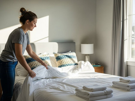 A smiling woman meticulously makes a bed in a bright, modern bedroom, pulling up a white duvet. Fresh linens and neatly folded towels highlight cleanliness.の素材