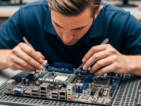 A young, focused technician meticulously works on a computer motherboard, using specialized precision tools to assemble or repair the complex electronic components.の素材