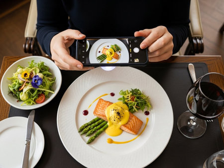 Overhead view: a person photographs a gourmet salmon dish with asparagus and sauce using a smartphone. Capturing modern dining, food content, and sharing culinary experiences online.の素材