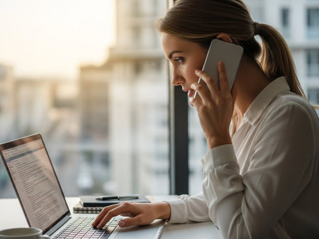 A focused young professional woman simultaneously engages in a phone conversation while diligently typing on her laptop, showcasing efficient multitasking in a modern office setting.の素材