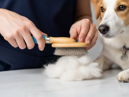 Close-up of human hands holding a pet brush full of white dog hair, indicating shedding season or regular grooming. A domestic dog watches the process. Captures responsible pet care and hygiene.の素材